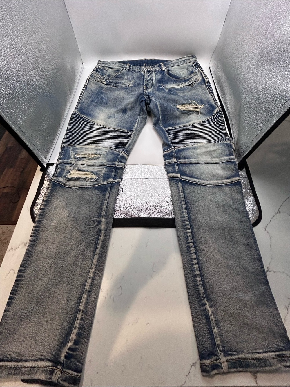 DOPE Men's Light Wash Blue Distressed Straight Jeans Mid Rise 5-Pocket Denim